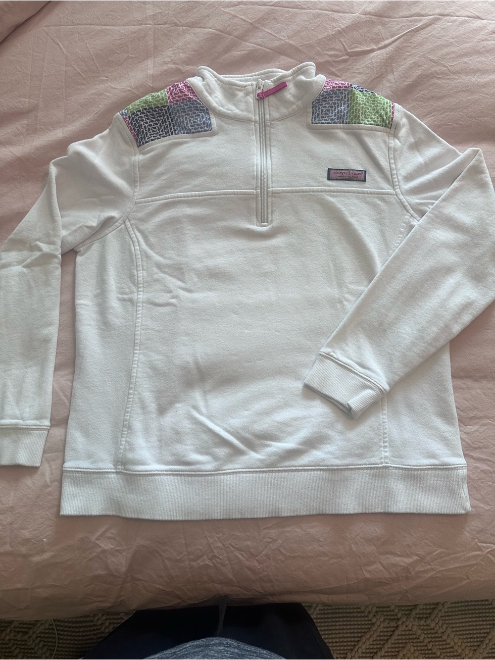 Vineyard Vines White Quarter-Zip Pullover with Pastel Shoulder Panels